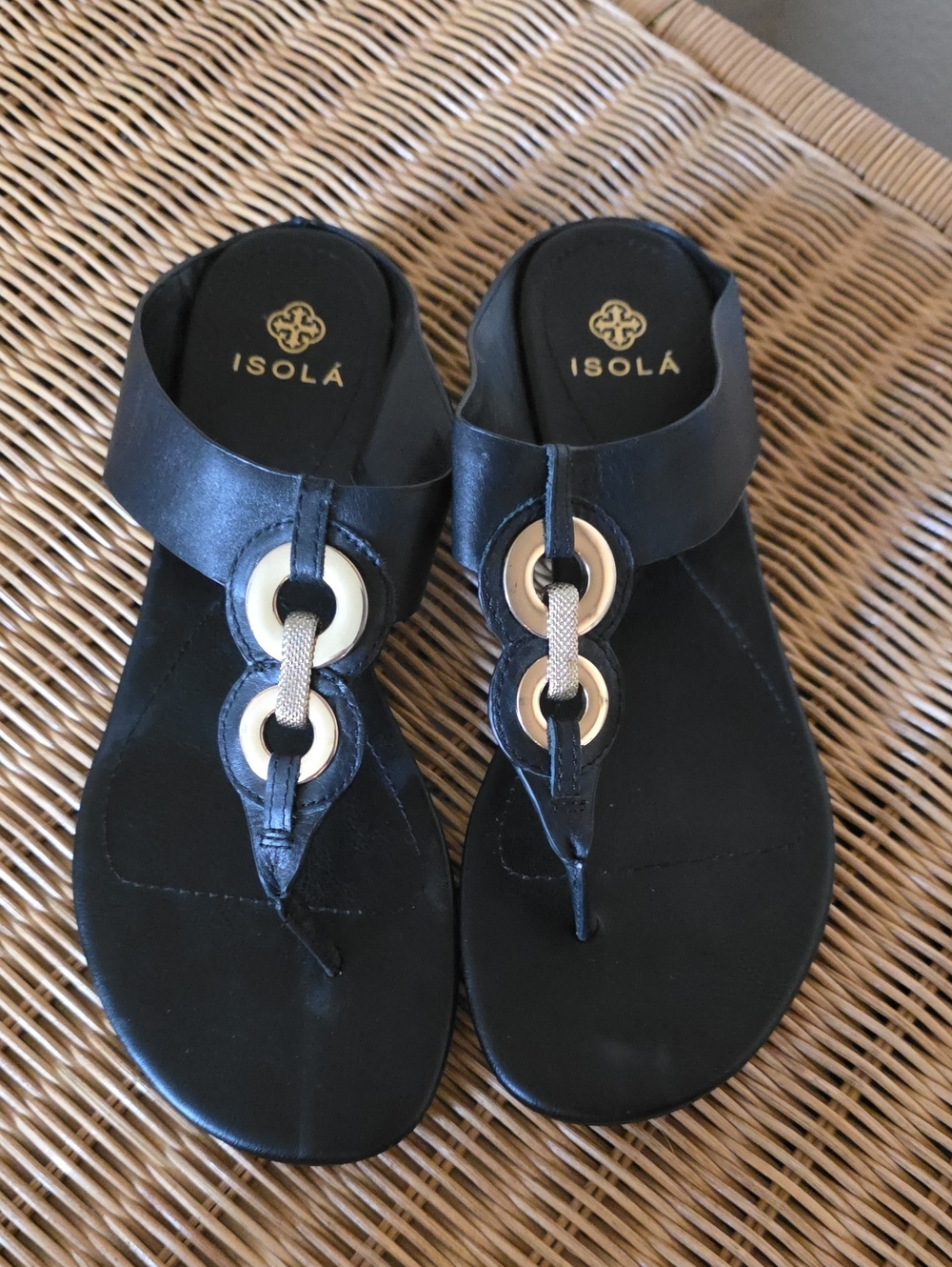 Isola Black Thong Sandals with Gold Rings - Picture 2 of 3